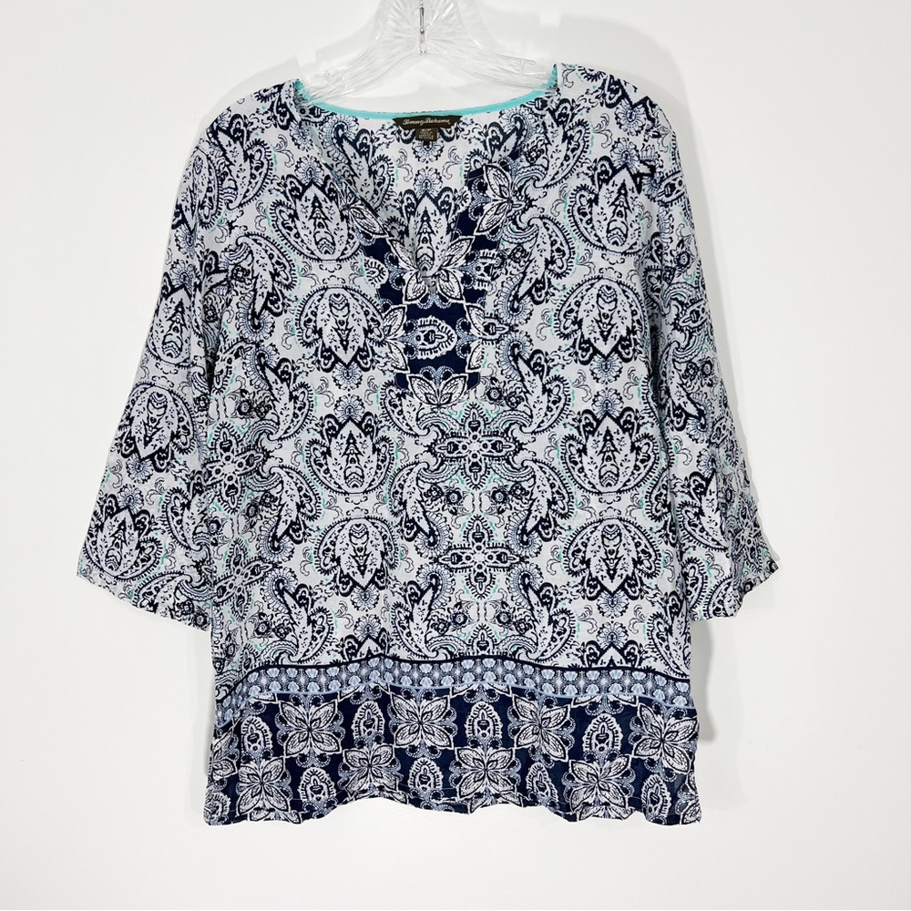 Tommy Bahama Blue and White Printed Silk Blend Tunic Top Size Small